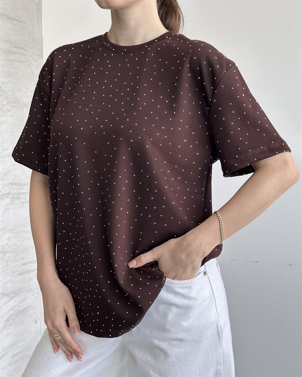 Taşlı Oversize Kahverengi Tişört