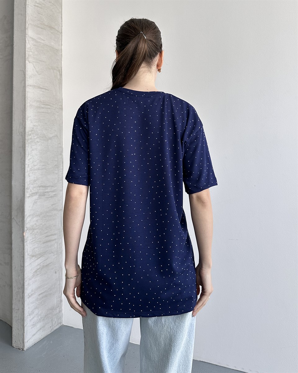 Taşlı Oversize Lacivert Tişört