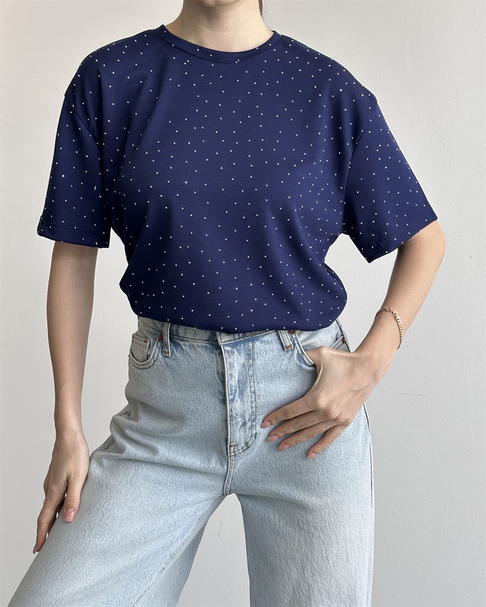 Taşlı Oversize Lacivert Tişört