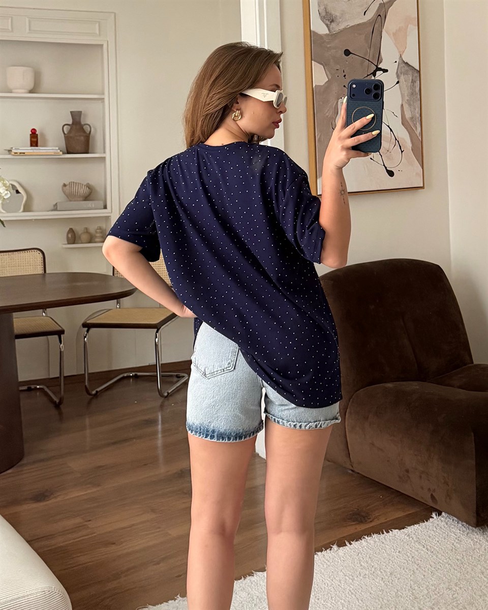 Taşlı Oversize Lacivert Tişört