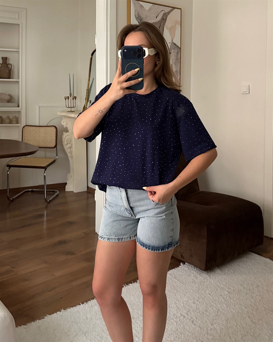 Taşlı Oversize Lacivert Tişört