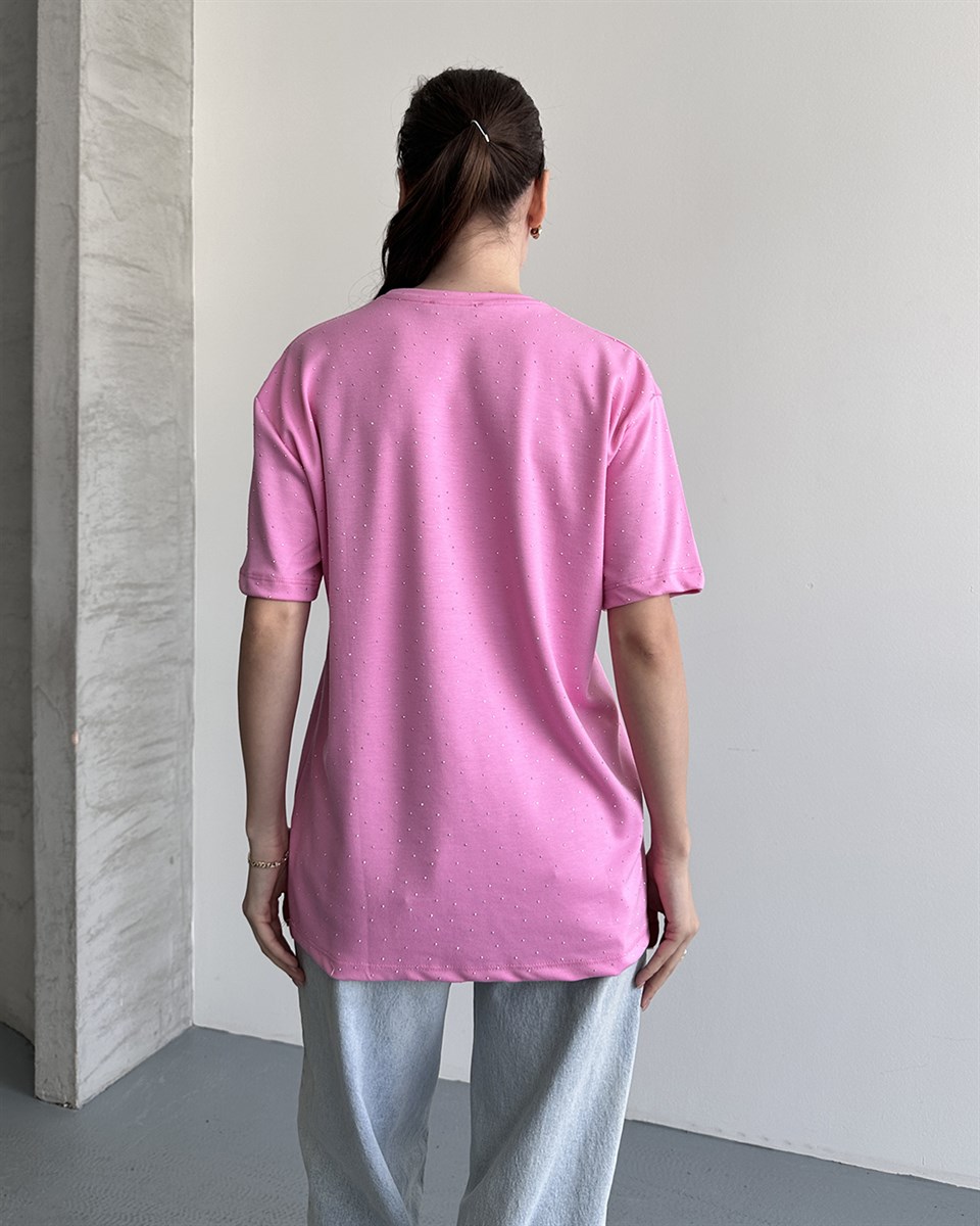 Taşlı Oversize Pembe Tişört