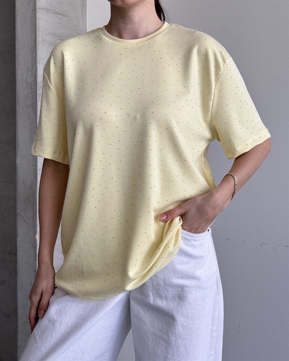 Taşlı Oversize Sarı Tişört