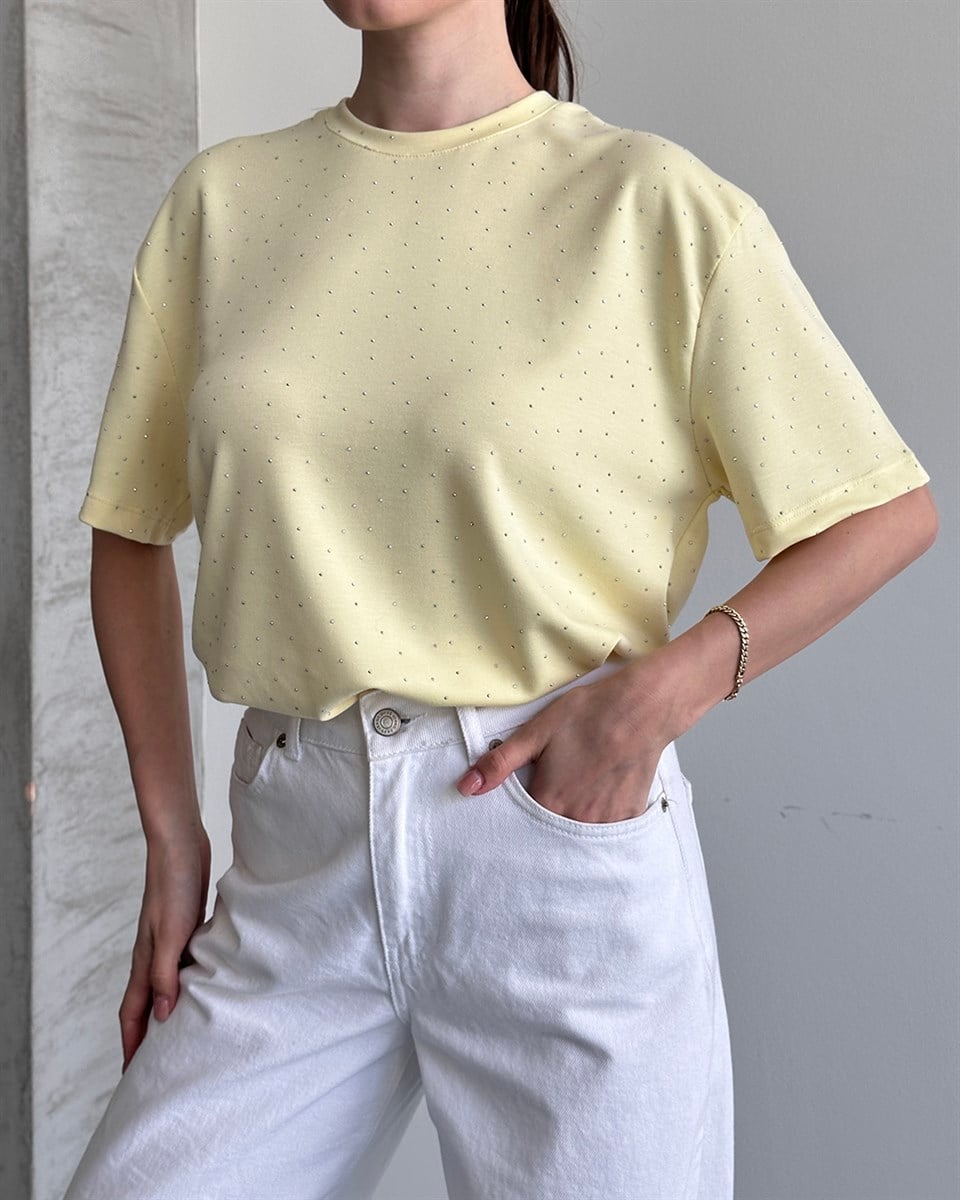 Taşlı Oversize Sarı Tişört