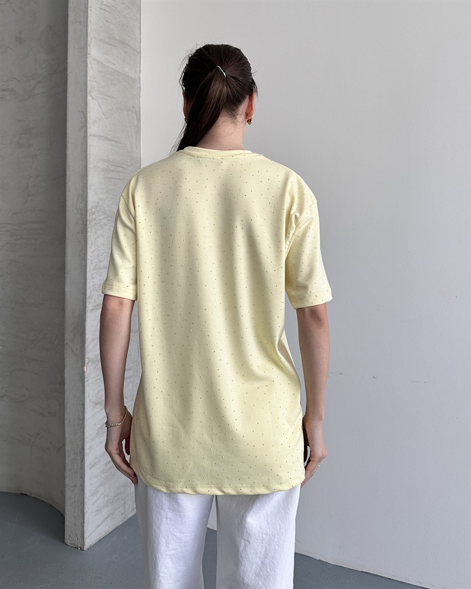 Taşlı Oversize Sarı Tişört