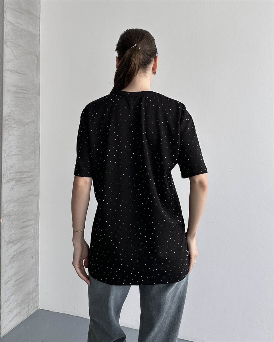 Taşlı Oversize Siyah Tişört