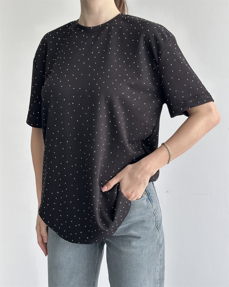 Taşlı Oversize Siyah Tişört