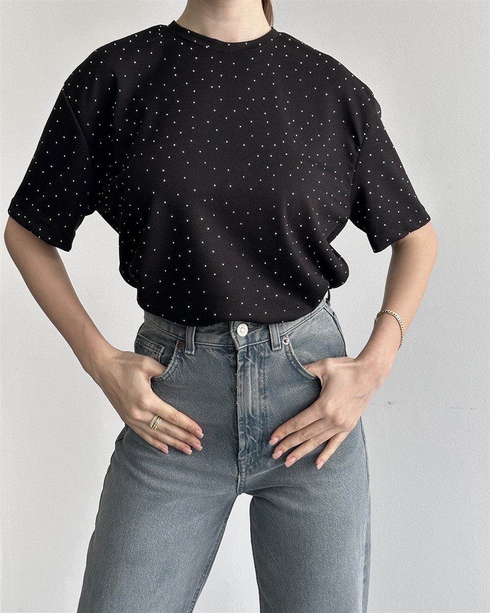 Taşlı Oversize Siyah Tişört
