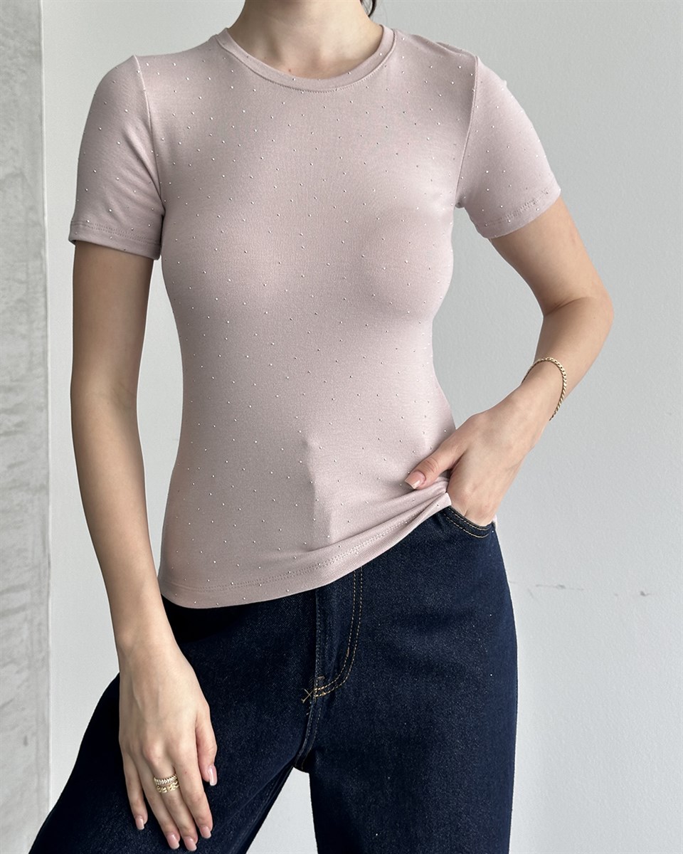 Taşlı Slim Fit Bej Tişört 