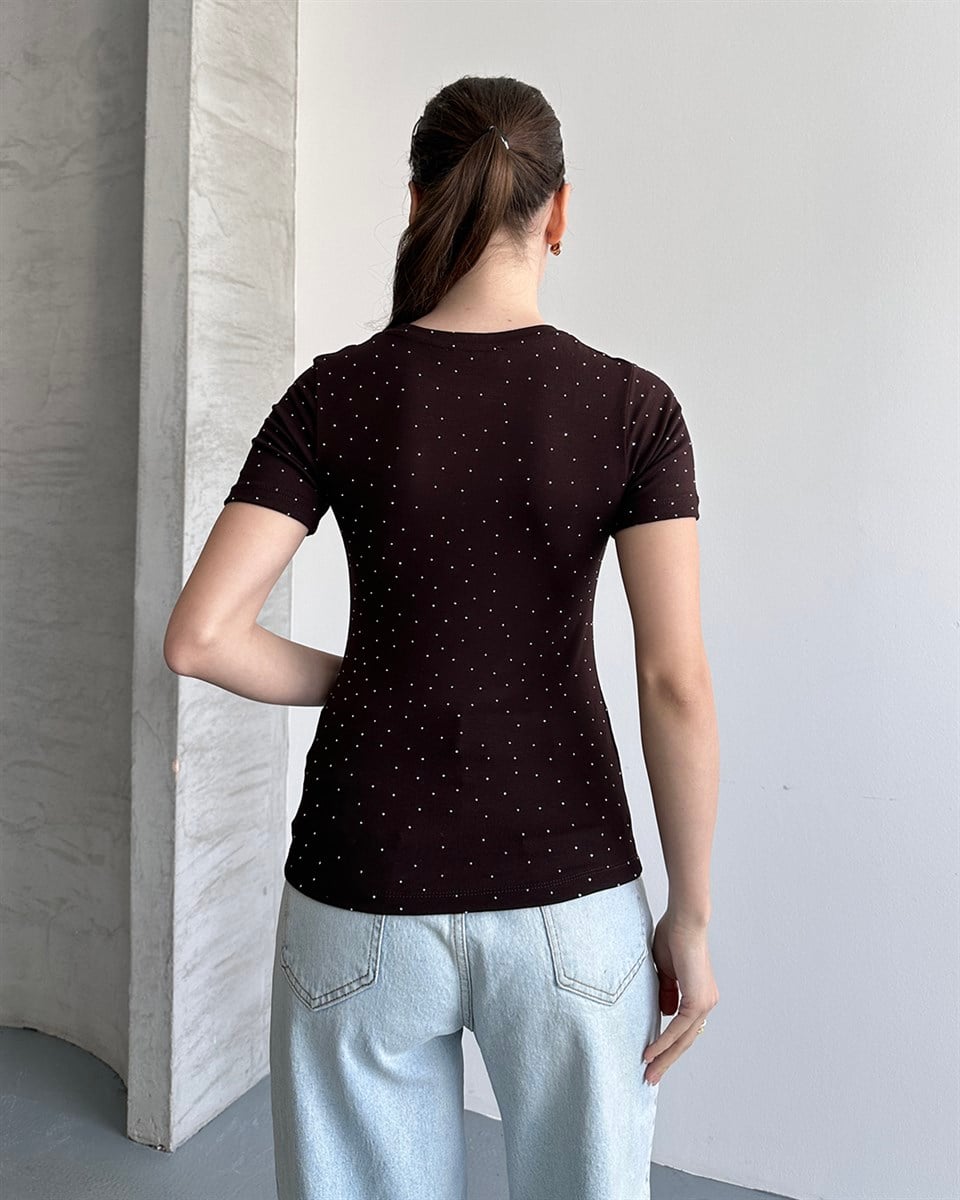 Taşlı Slim Fit Kahverengi Tişört 