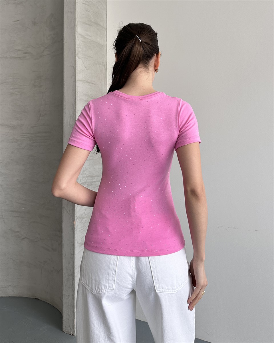 Taşlı Slim Fit Pembe Tişört 