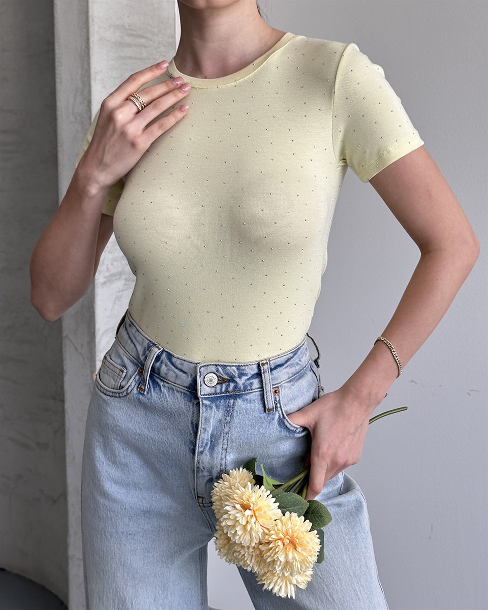 Taşlı Slim Fit Sarı Tişört 