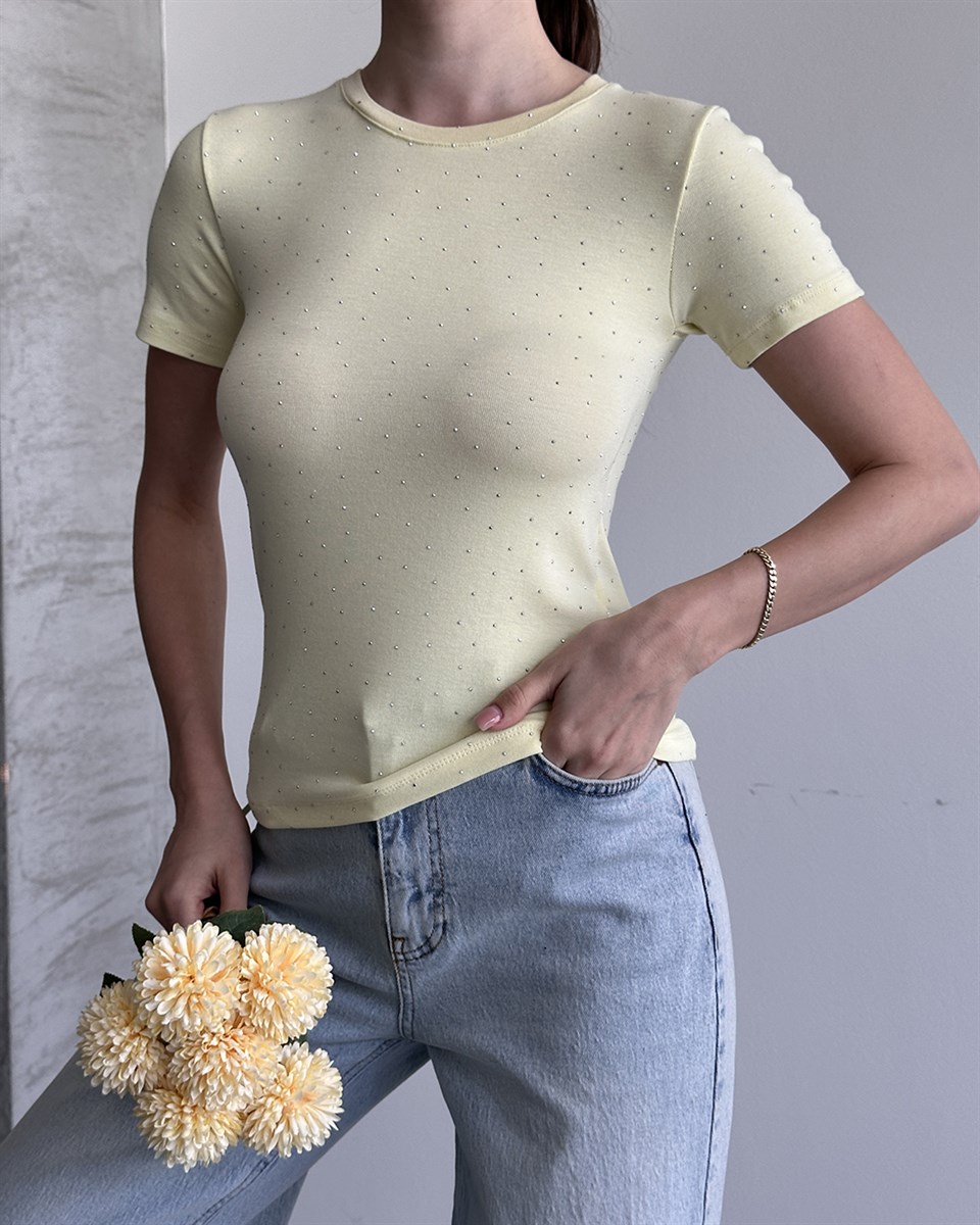 Taşlı Slim Fit Sarı Tişört 
