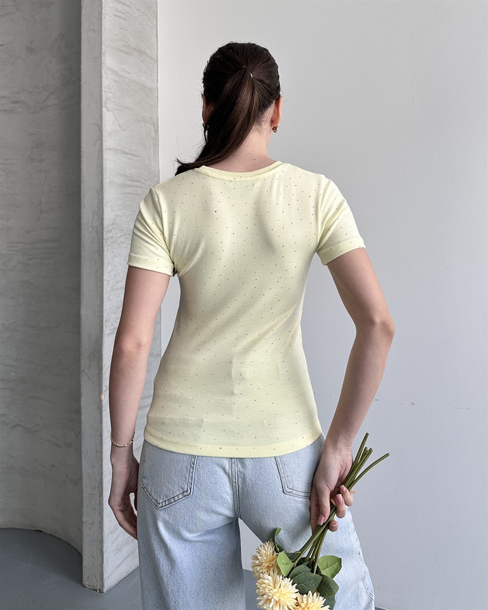 Taşlı Slim Fit Sarı Tişört 