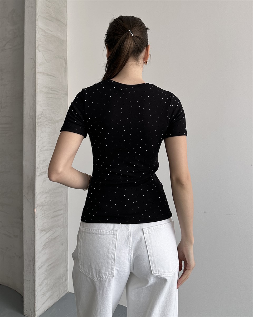 Taşlı Slim Fit Siyah Tişört 