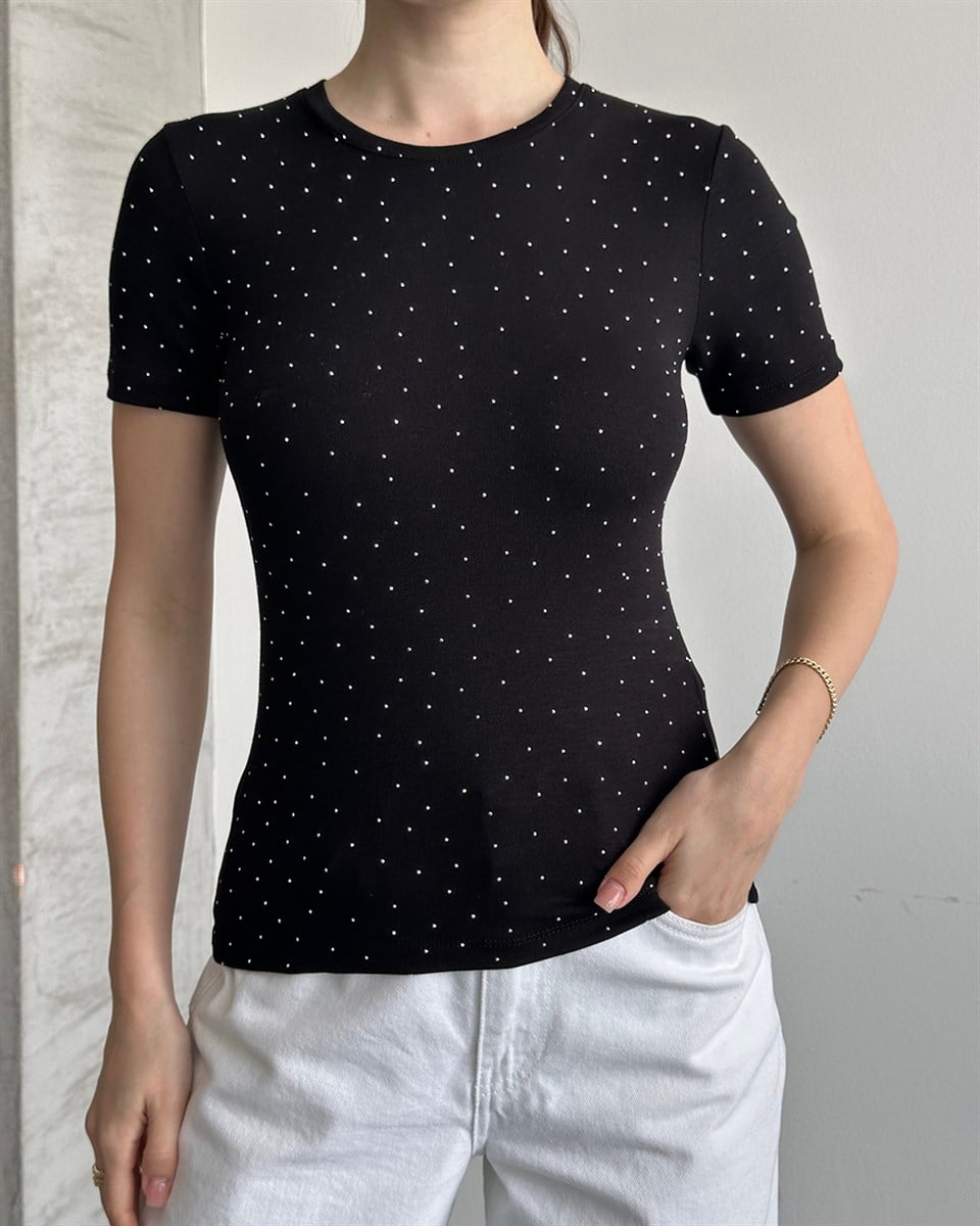 Taşlı Slim Fit Siyah Tişört 