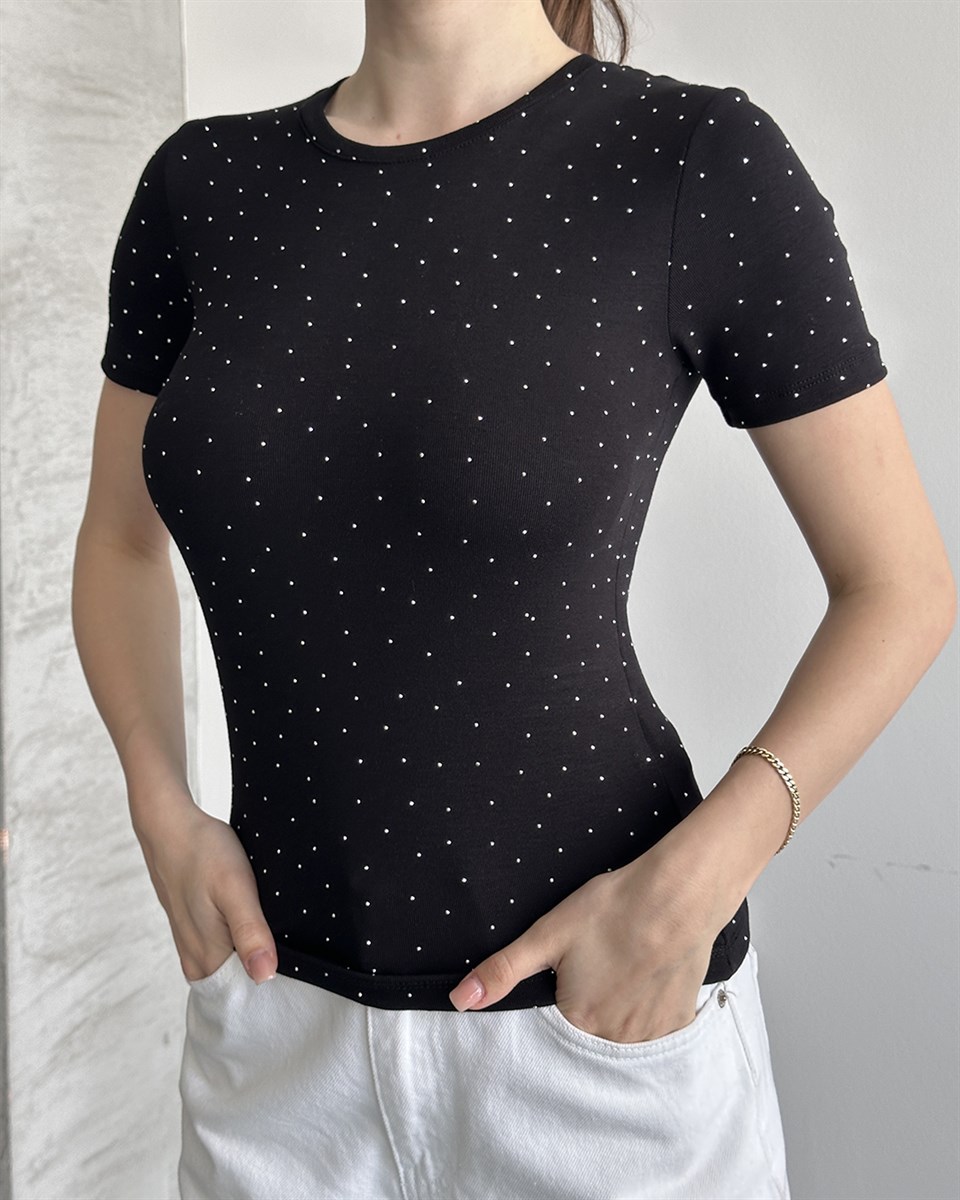 Taşlı Slim Fit Siyah Tişört 
