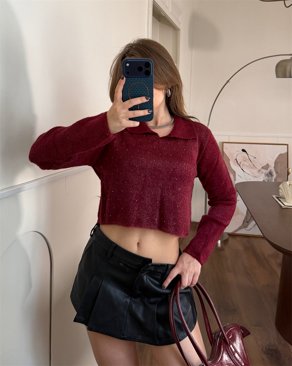 Taşlı Yakalı Bordo Crop Kazak