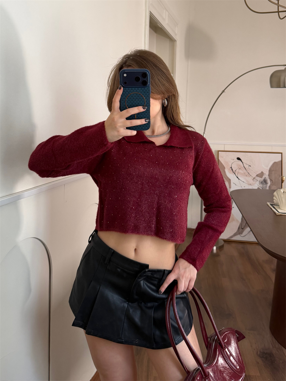 Taşlı Yakalı Bordo Crop Kazak