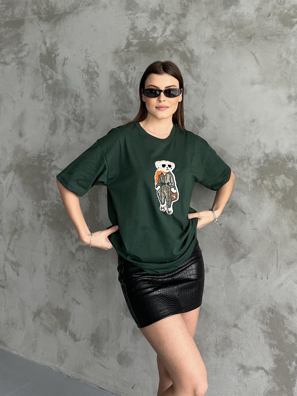 Teddy Bear Nakışlı Unisex Yeşil Tişört