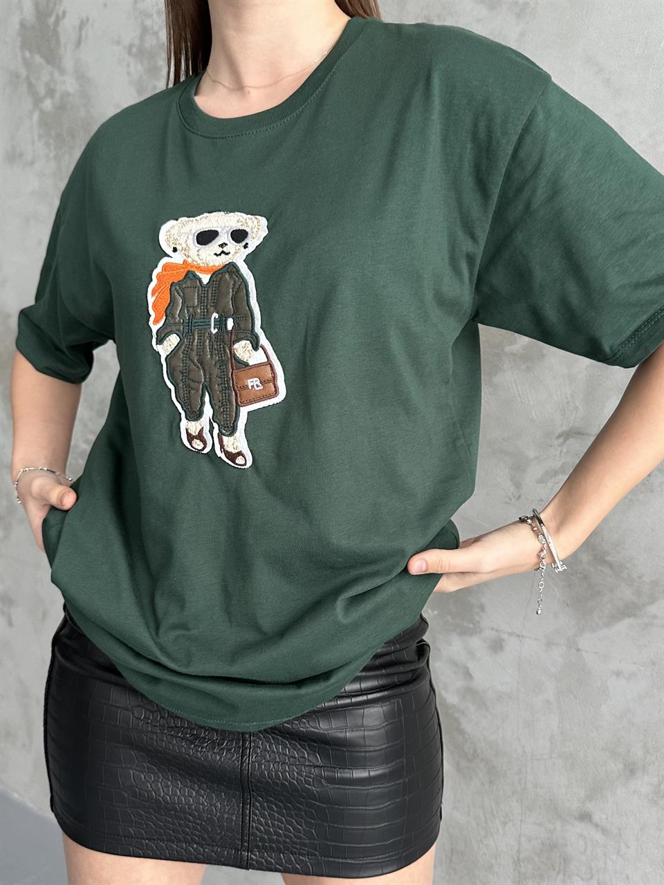 Teddy Bear Nakışlı Unisex Yeşil Tişört