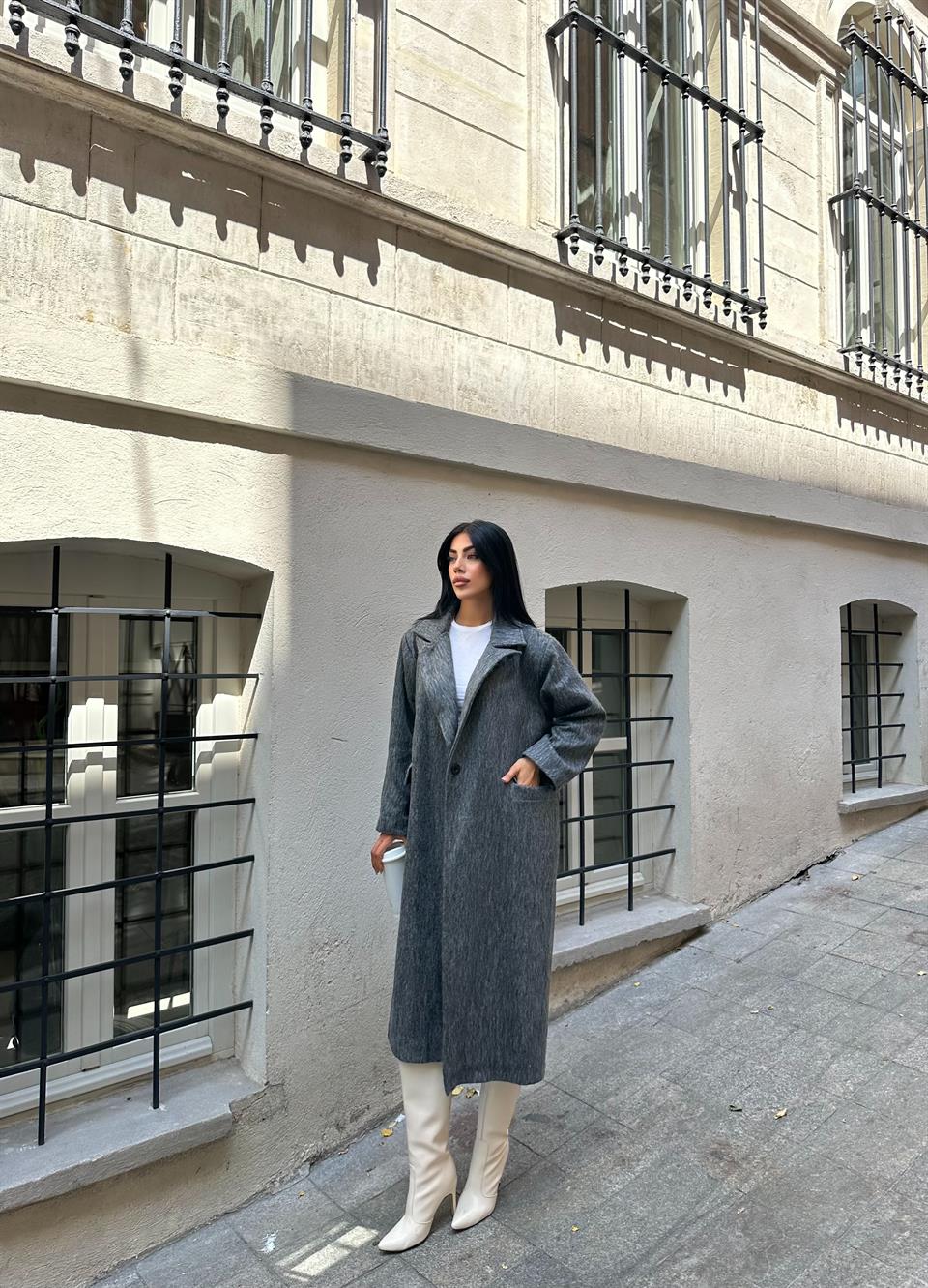 Tek Düğmeli Oversize Antrasit Yün Kaban