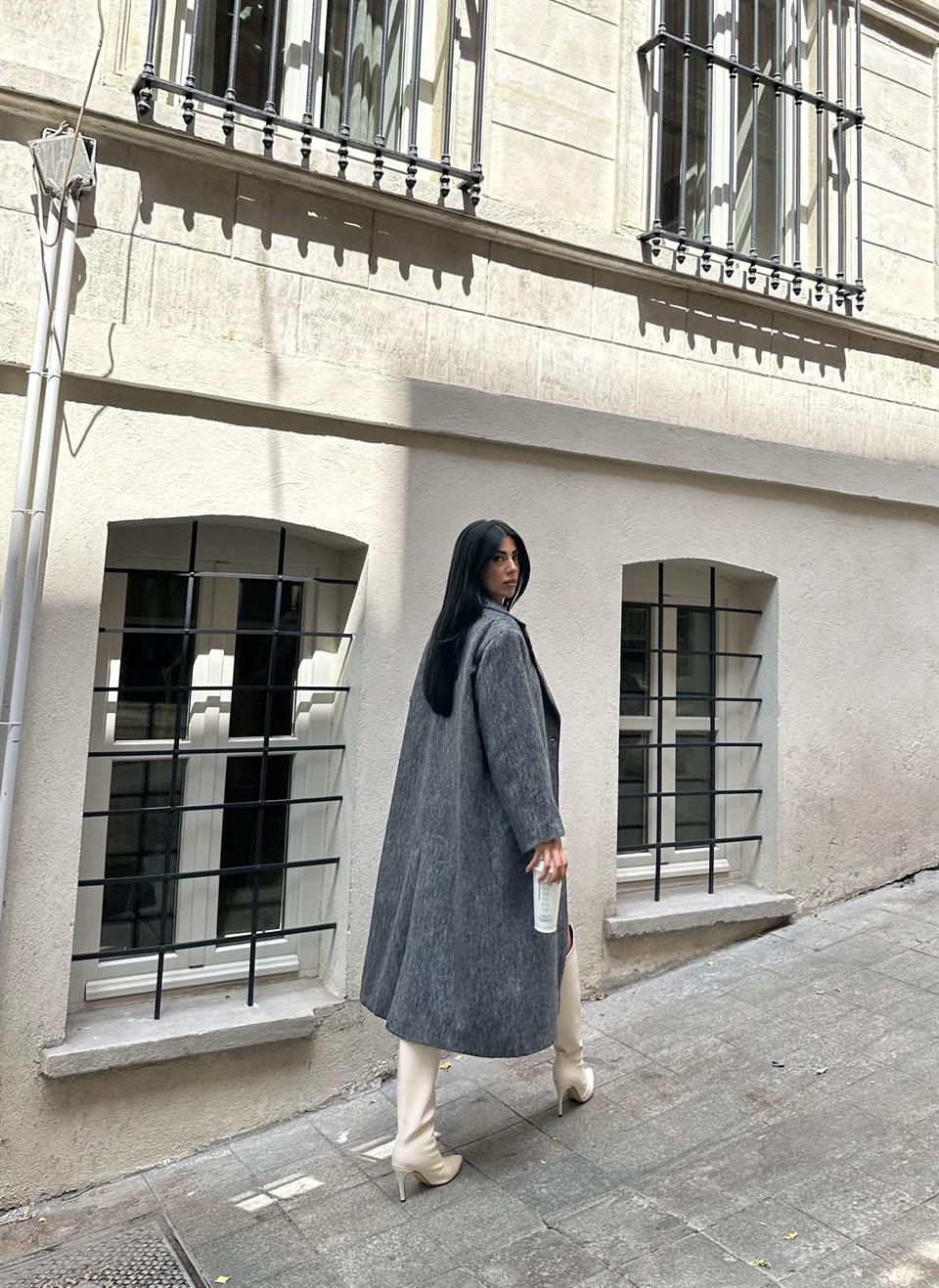 Tek Düğmeli Oversize Antrasit Yün Kaban