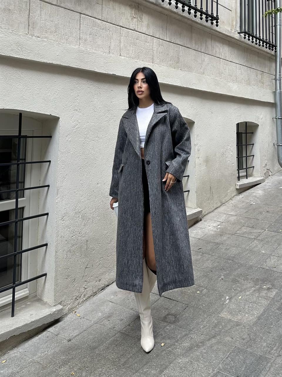 Tek Düğmeli Oversize Antrasit Yün Kaban