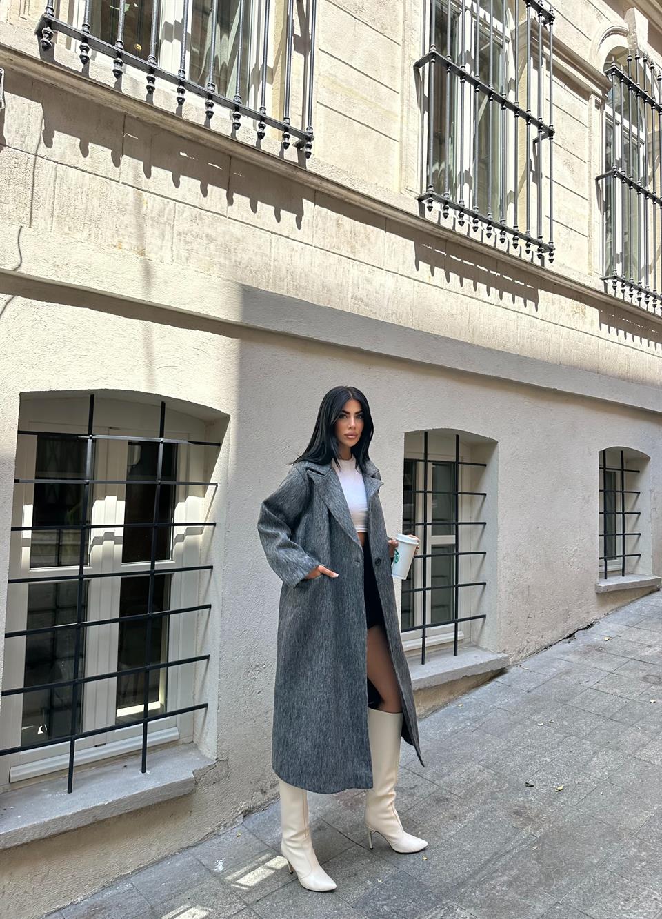 Tek Düğmeli Oversize Antrasit Yün Kaban