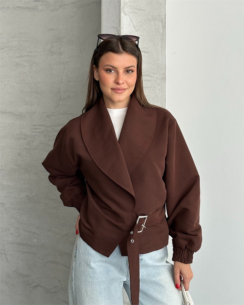 Tokalı Şal Yaka Kısa Kahverengi Trençkot