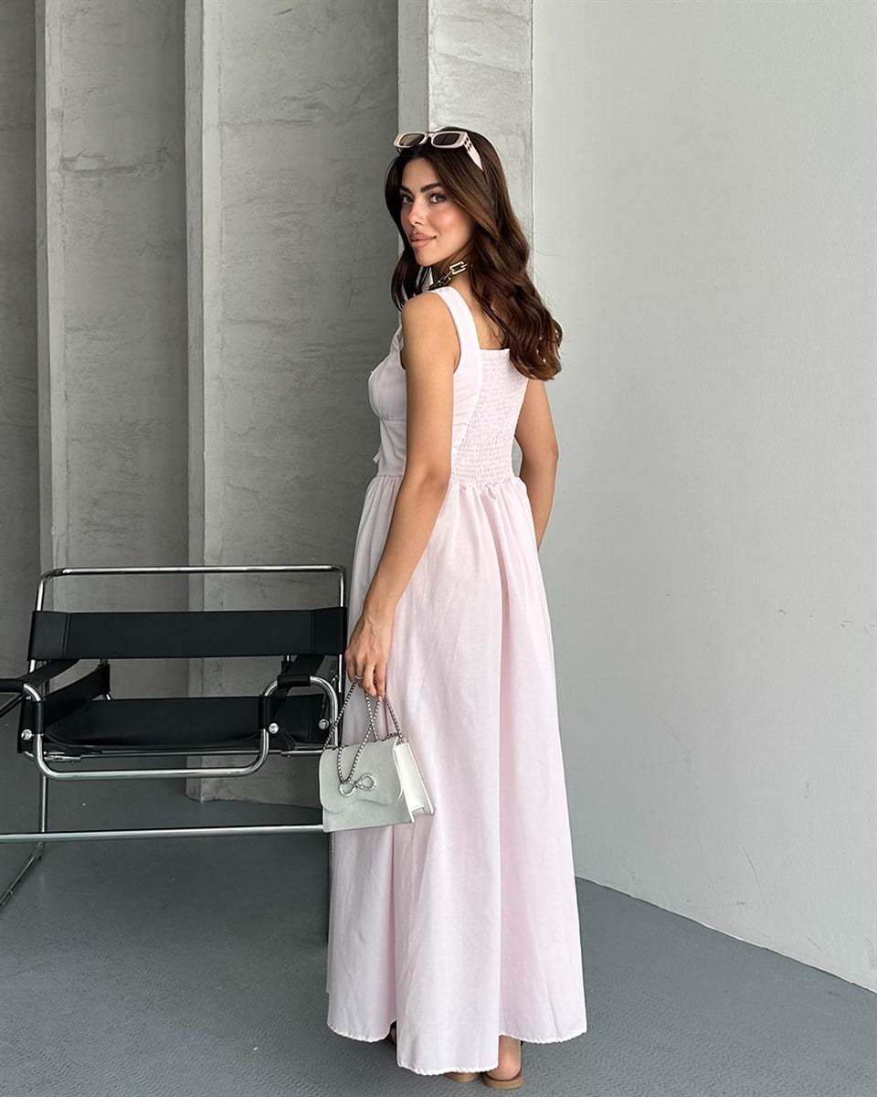 Toz Pembe Kare Yaka Askılı Maxi Elbise