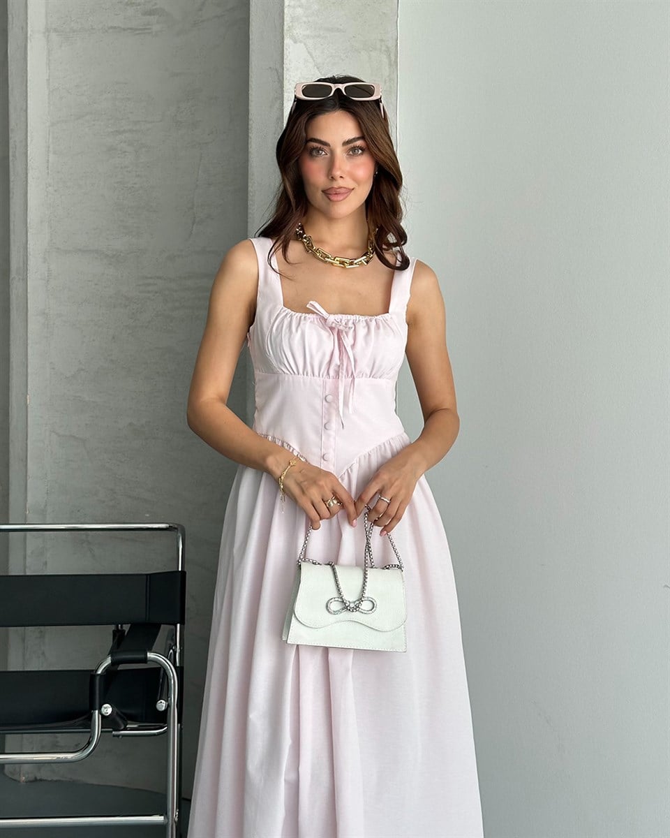Toz Pembe Kare Yaka Askılı Maxi Elbise