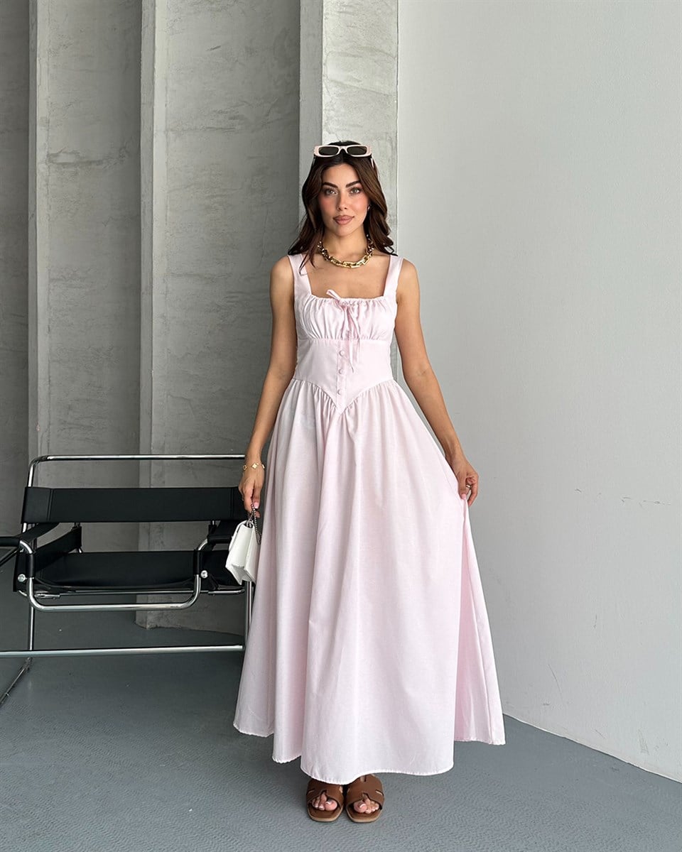 Toz Pembe Kare Yaka Askılı Maxi Elbise