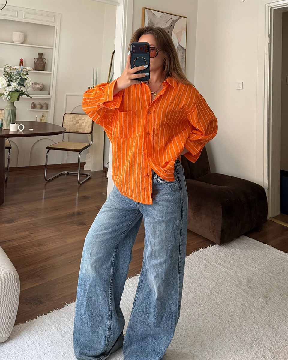 Turuncu Çizgili Oversize Gömlek