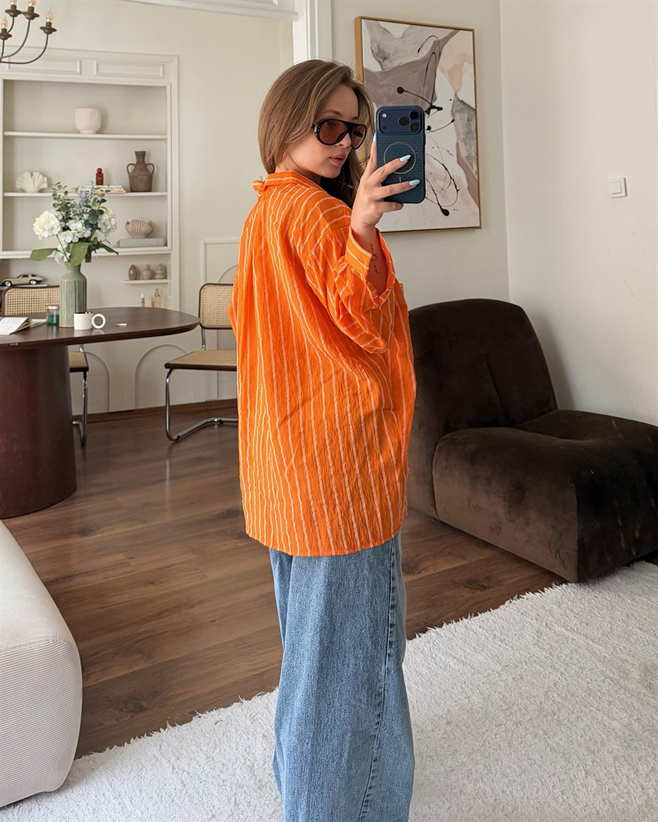 Turuncu Çizgili Oversize Gömlek
