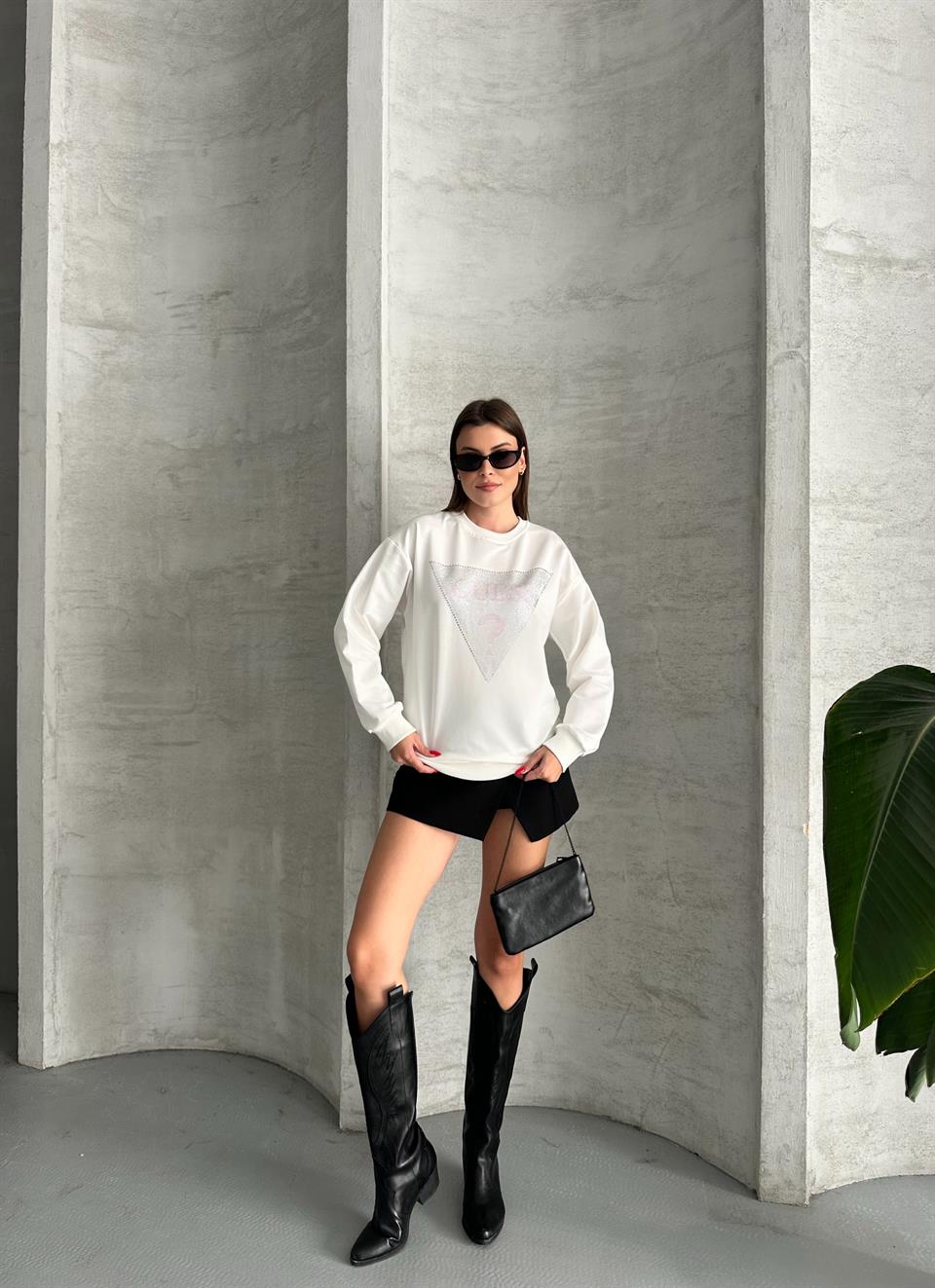 Üçgen Taşlı Unisex Beyaz Sweatshirt