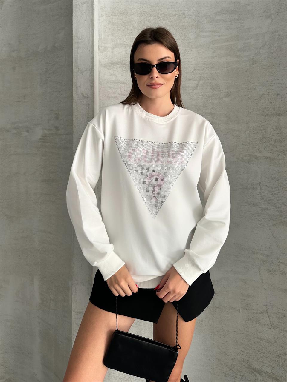 Üçgen Taşlı Unisex Beyaz Sweatshirt