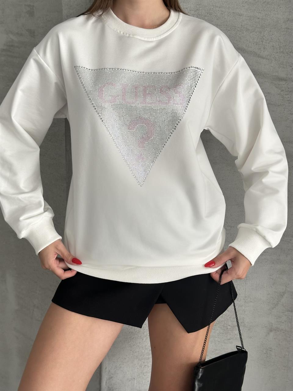 Üçgen Taşlı Unisex Beyaz Sweatshirt