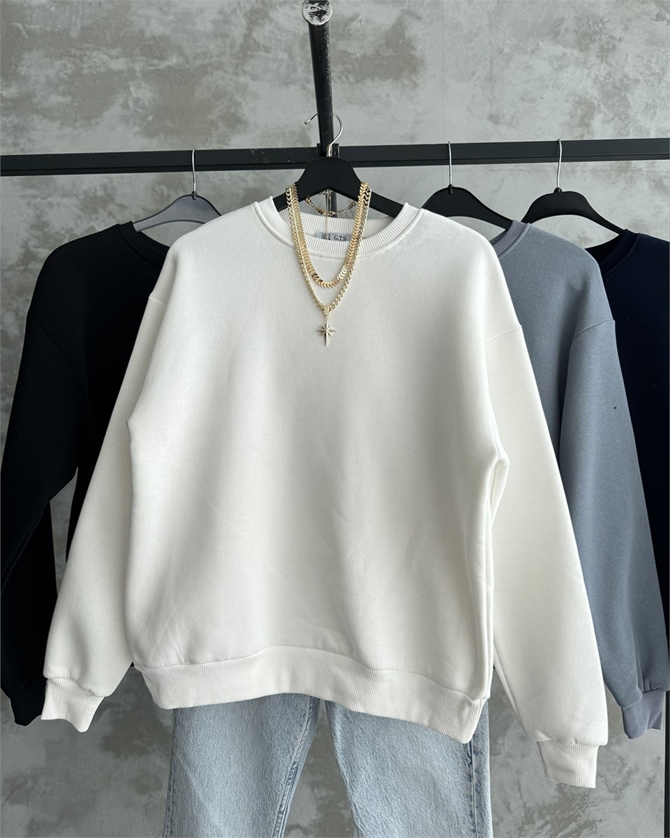 Unisex Düz Beyaz Sweatshirt