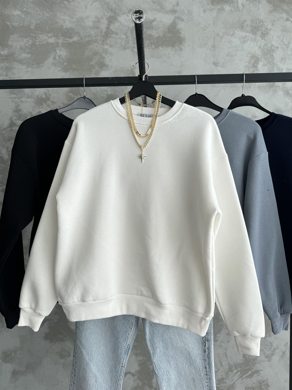 Unisex Düz Beyaz Sweatshirt