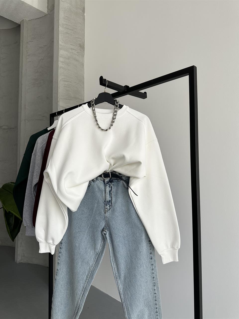 Unisex Düz Beyaz Sweatshirt