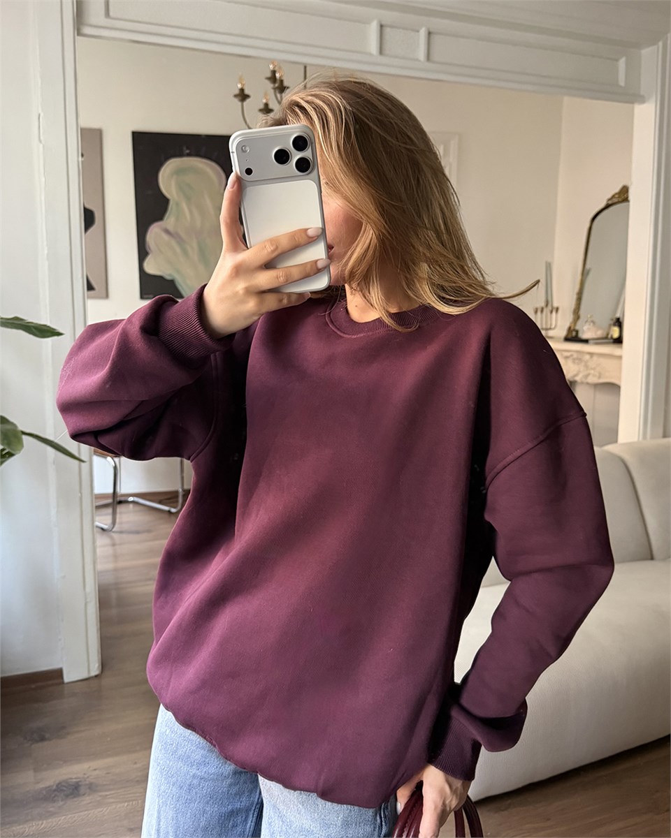 Unisex Düz Bordo Sweatshirt
