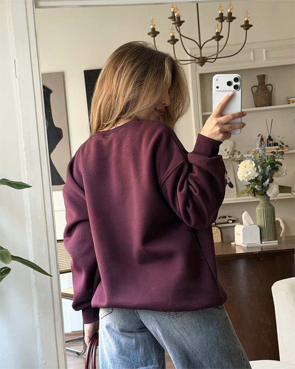 Unisex Düz Bordo Sweatshirt