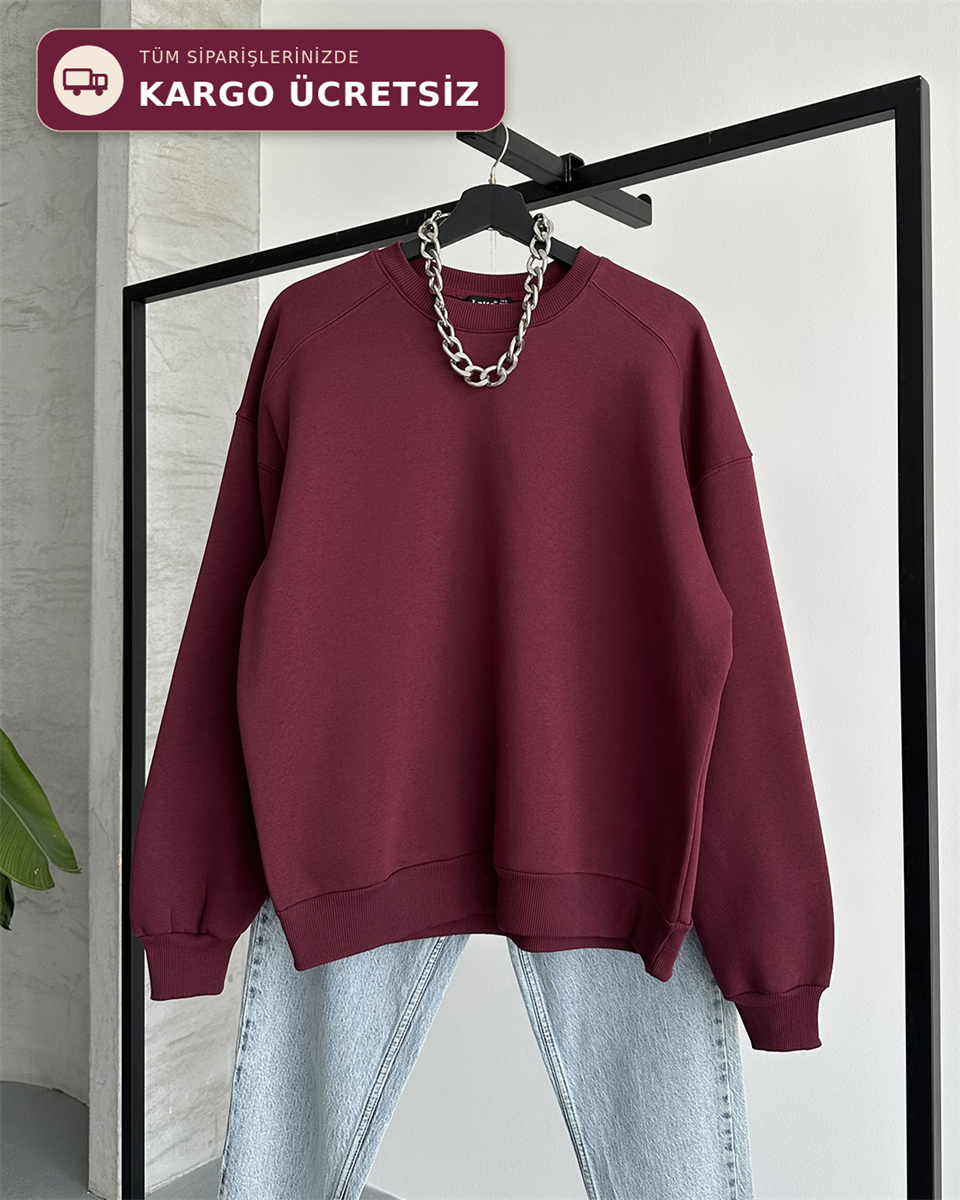 Unisex Düz Bordo Sweatshirt