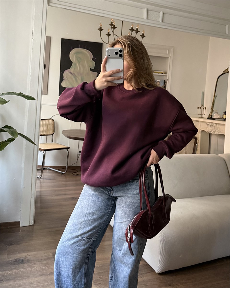 Unisex Düz Bordo Sweatshirt