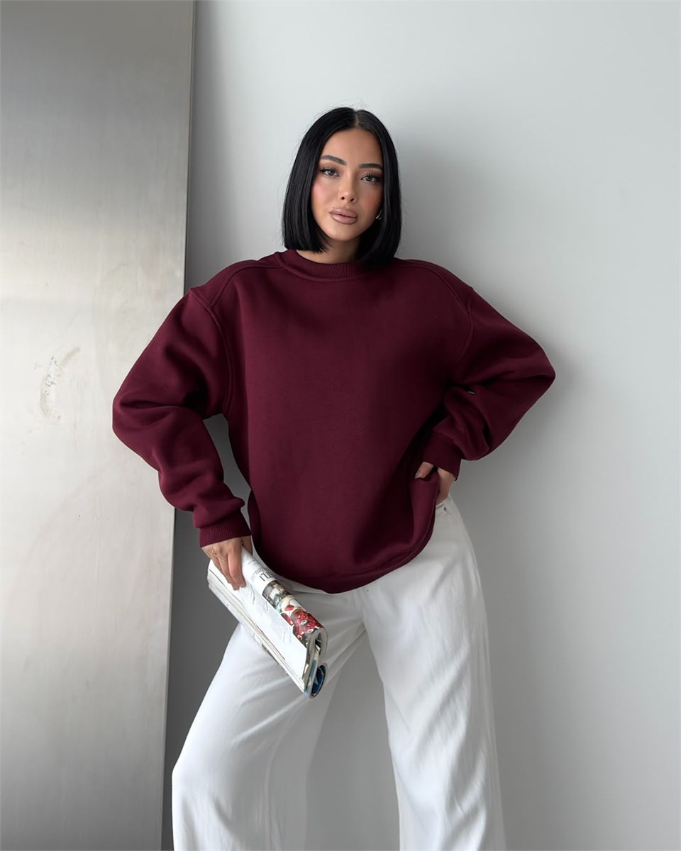 Unisex Düz Bordo Sweatshirt