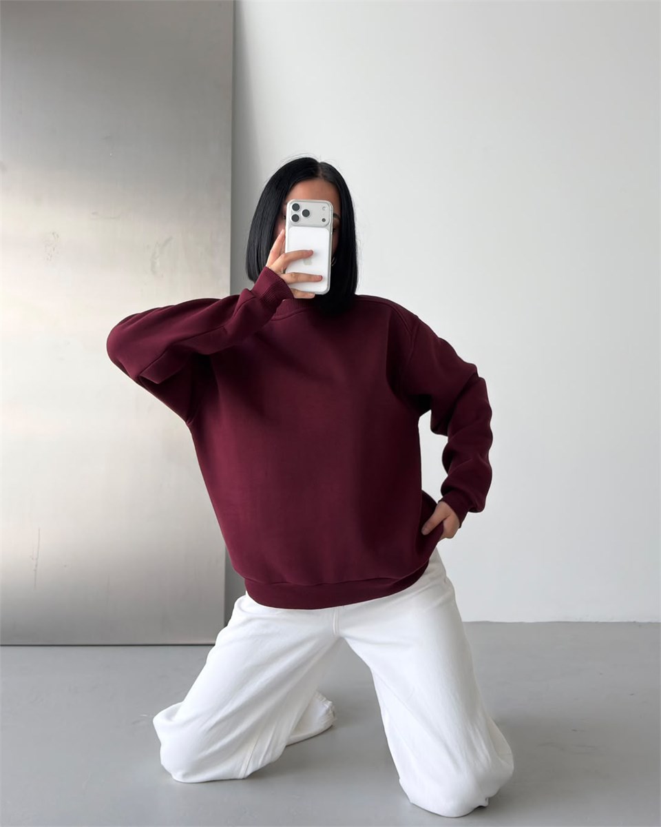 Unisex Düz Bordo Sweatshirt