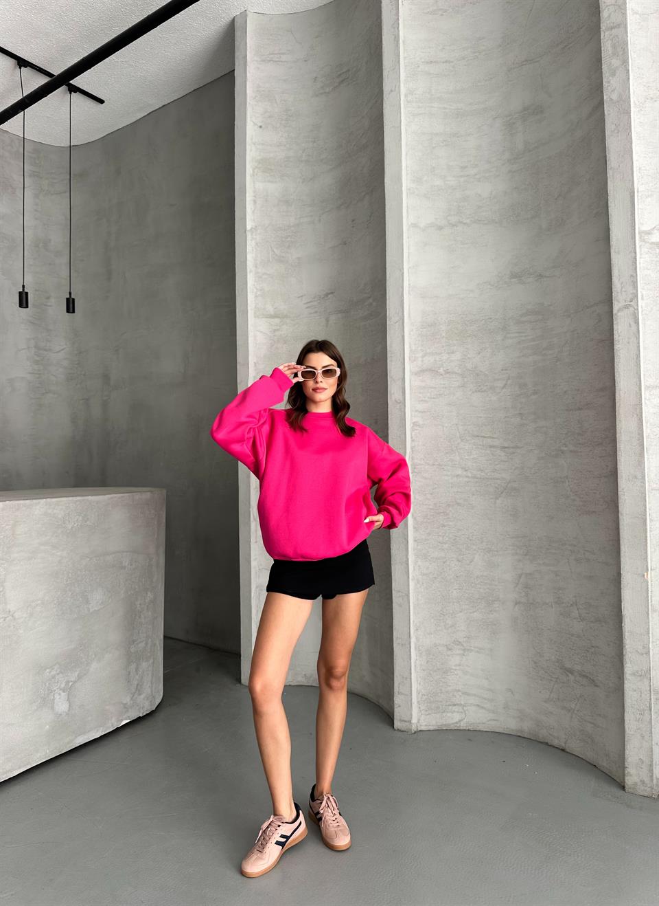 Unisex Düz Fuşya Sweatshirt