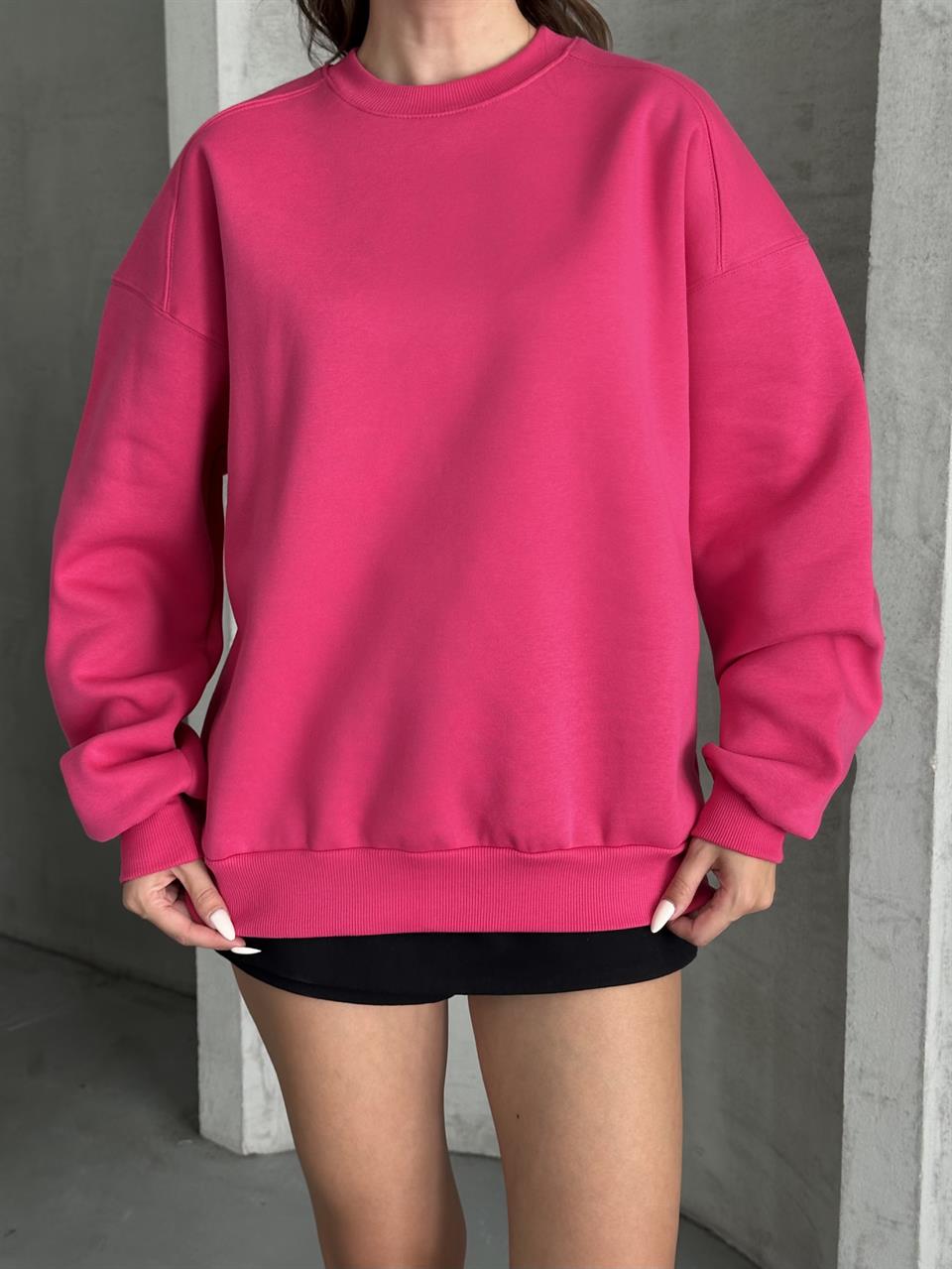 Unisex Düz Fuşya Sweatshirt
