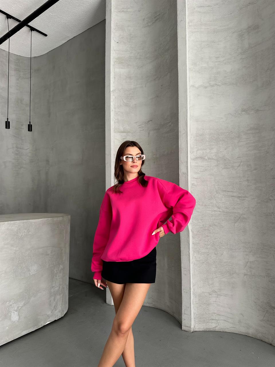 Unisex Düz Fuşya Sweatshirt